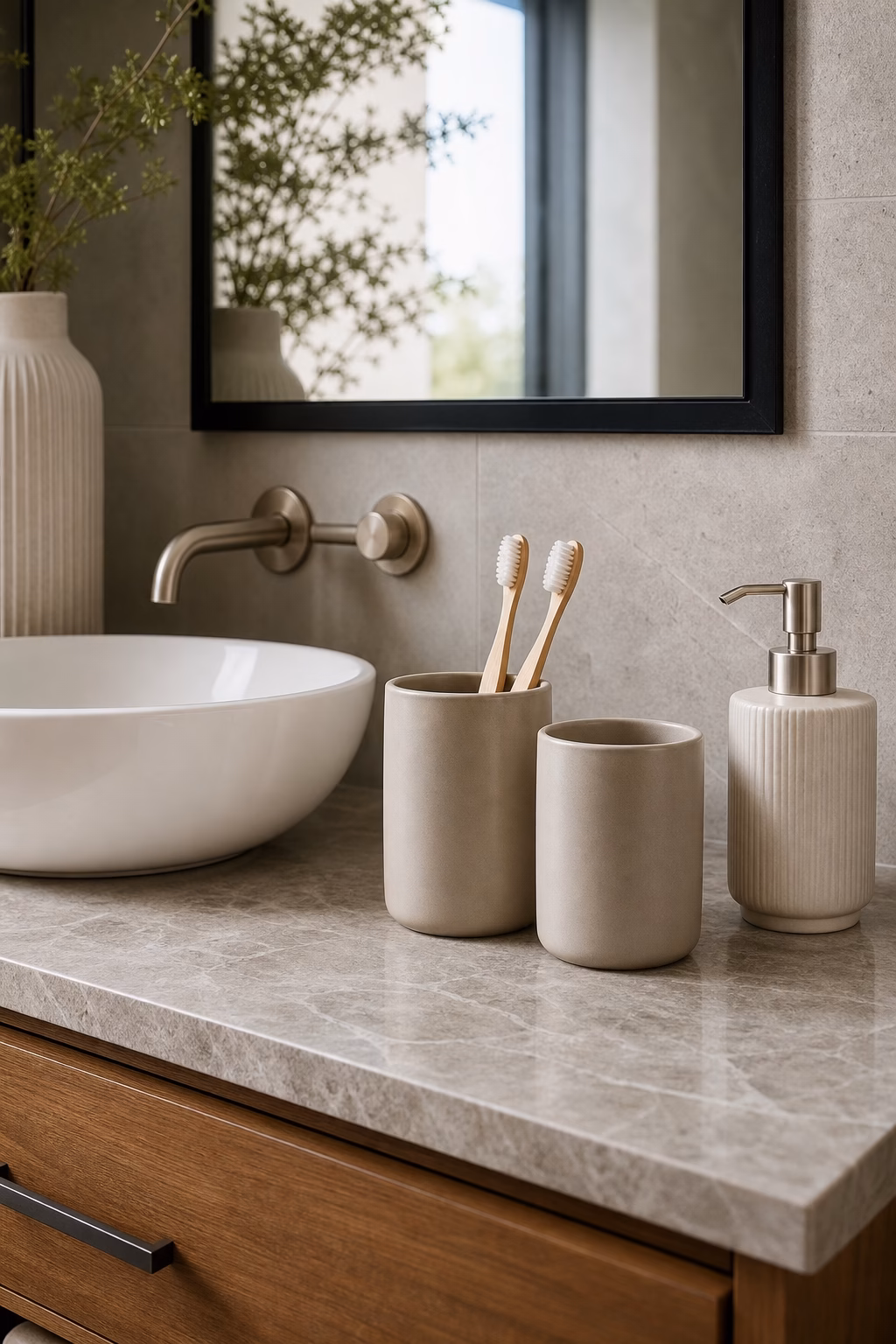 Matte ceramic toothbrush holder and tumbler beside a ribbed soap dispenser