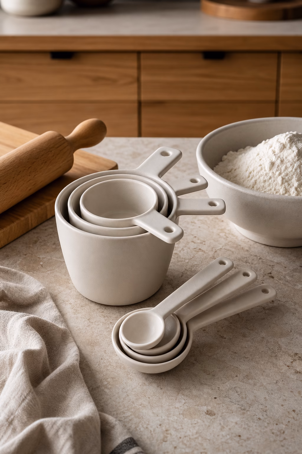 Matte ceramic measuring cups and spoons beside flour bowl and rolling pin
