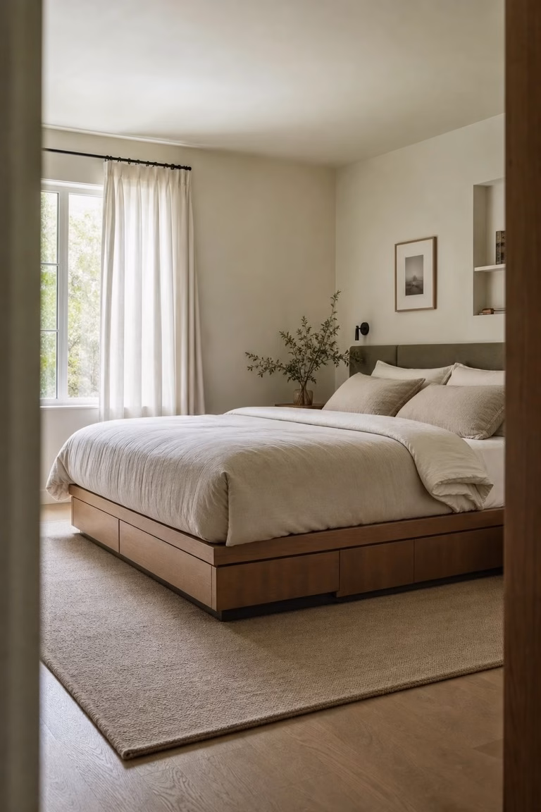 Storage bed with a recessed plinth and shadow line to lighten a small room.