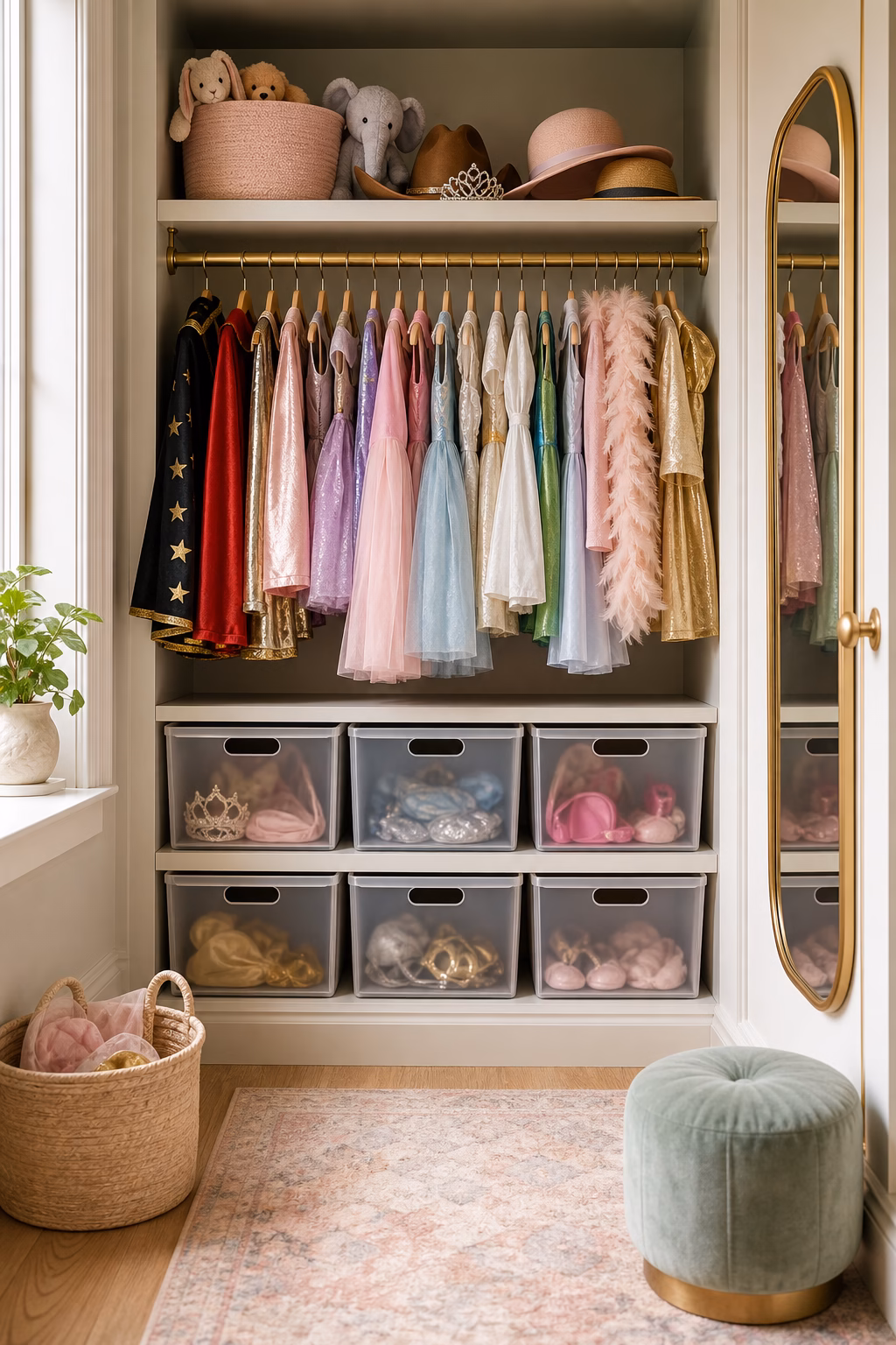 Kids closet with hanging dress-up clothes, clear-front bins, costumes, hats, baskets, and tidy play storage.