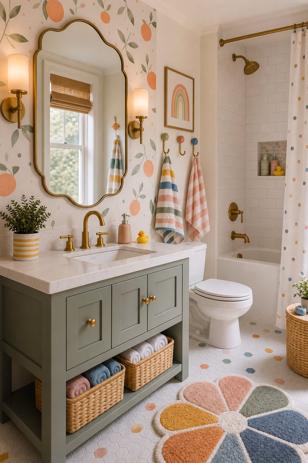 mix whimsy with grown-up fixtures shown in a polished kids bathroom with realistic materials and natural light.