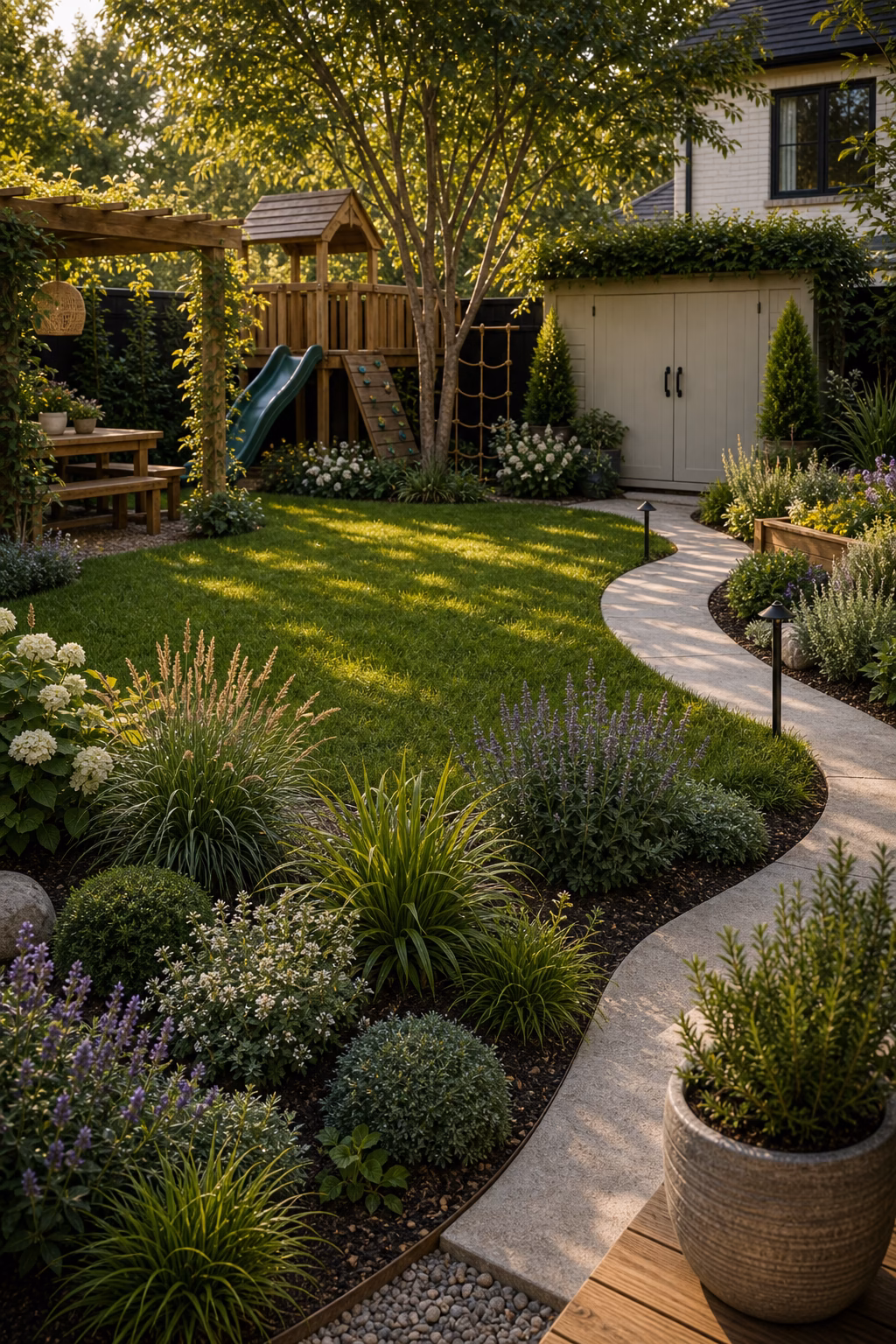 finish with durable, child-safe planting shown in a polished kids backyard with realistic materials and natural light.