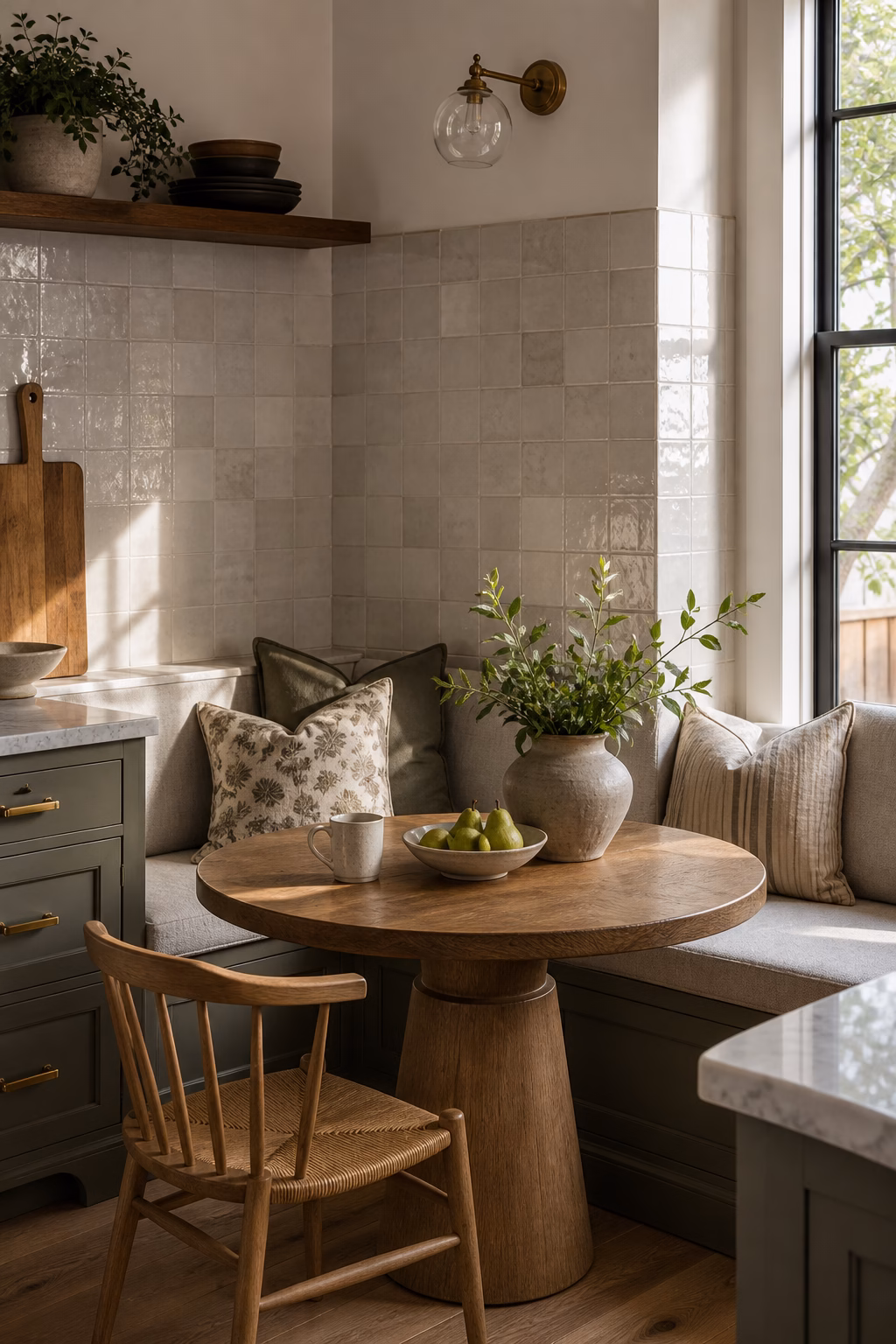 Breakfast nook with a tiled wall or backsplash wrapping the corner.