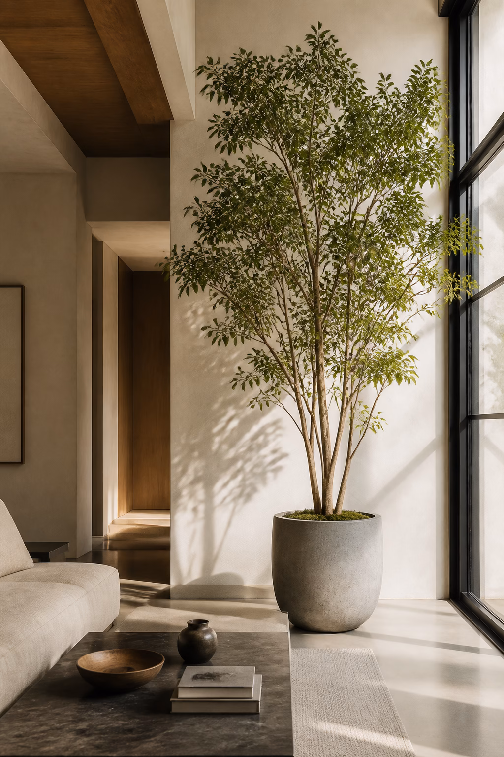 Large indoor tree used as an architectural element in a sleek modern living room