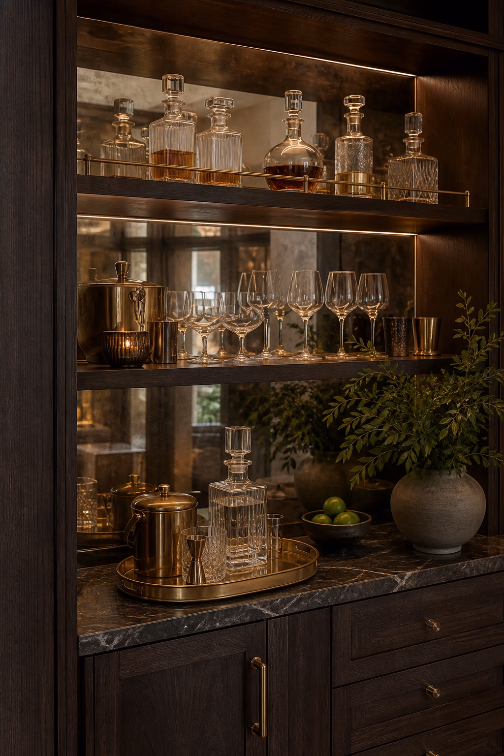 Polished bar shelves styled with glassware decanters and brass tray