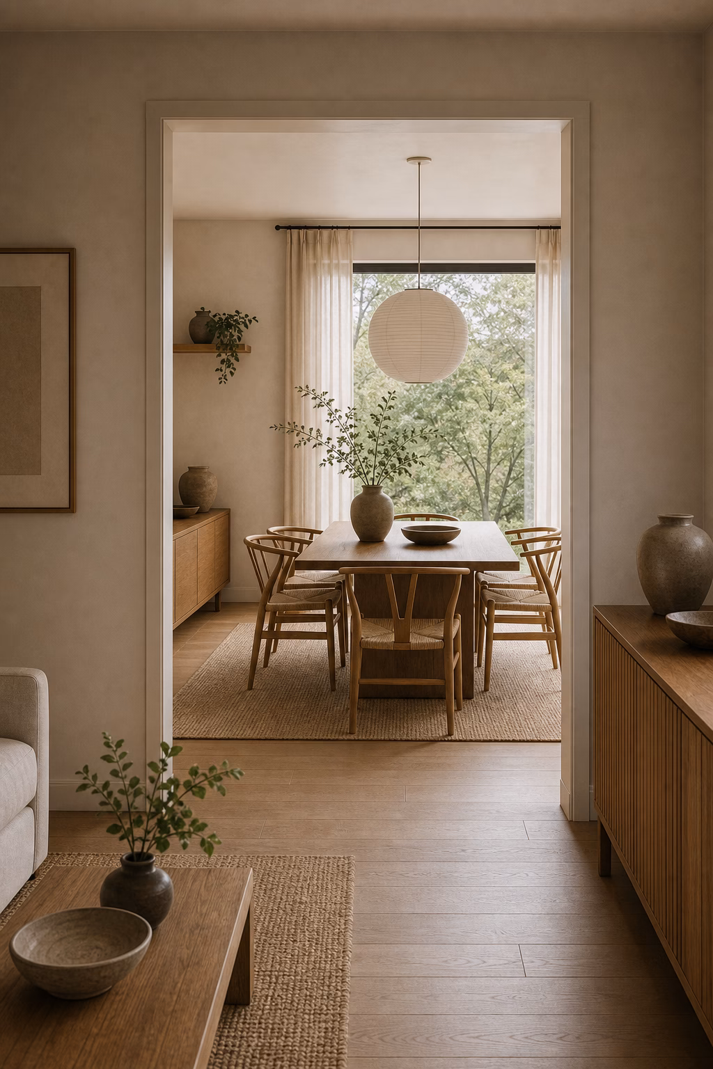 keep sightlines open shown in a polished Japandi dining room with realistic materials and natural light.