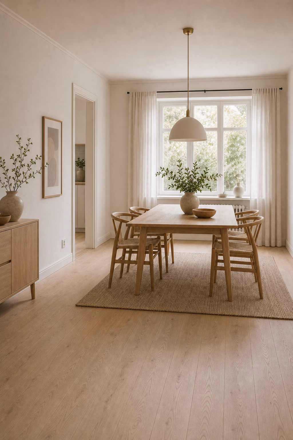 keep the floor plan uncluttered shown in a polished Scandinavian dining room with realistic materials and natural light.
