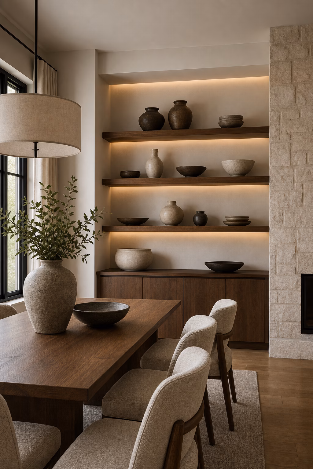Open dining room shelves styled with collected ceramics and serving pieces.