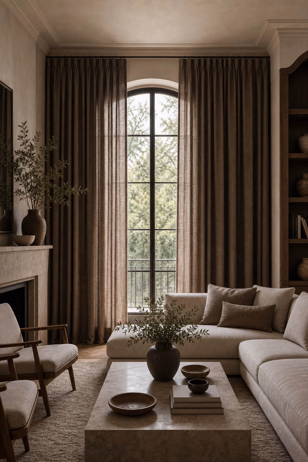 Deep taupe curtains adding drama to a neutral luxury living room