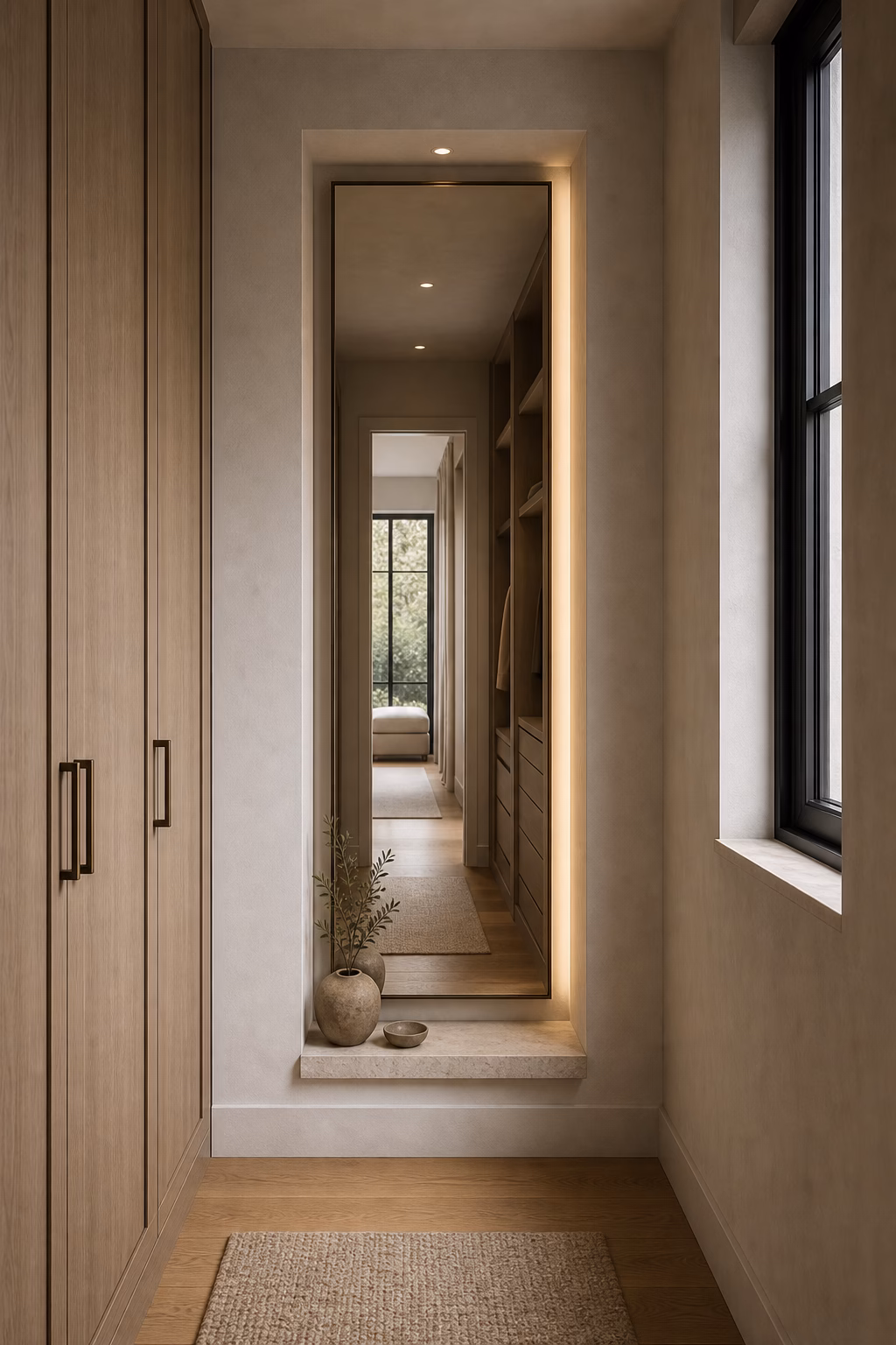 Long mirror recessed into a shallow niche in a dressing corridor