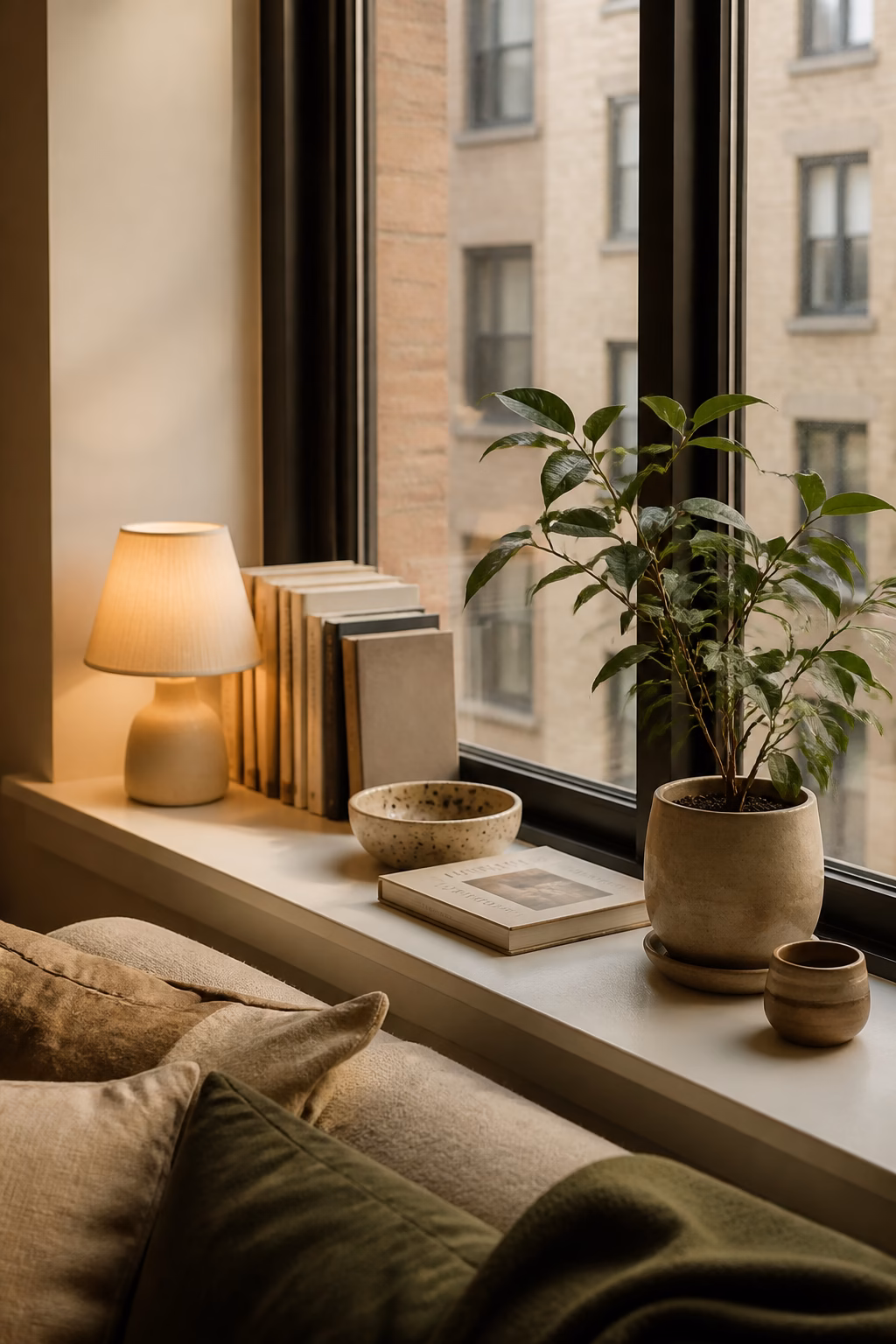 Apartment windowsill styled with lamp plant and books