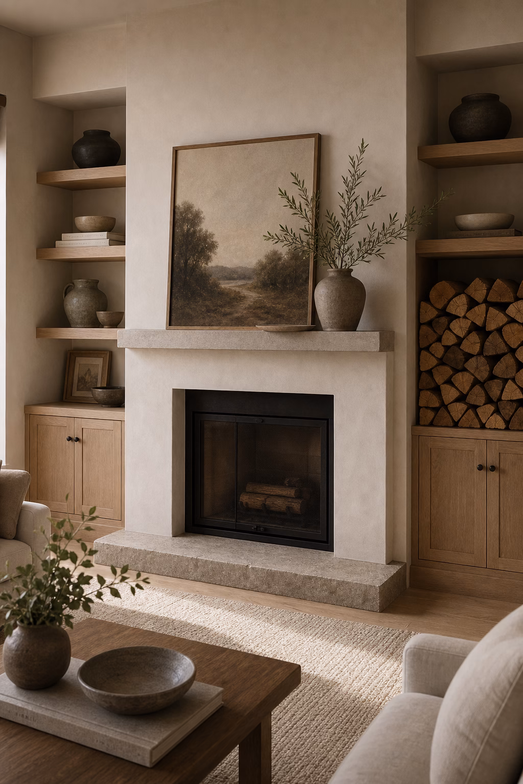 Built-in fireplace storage with neat logs and low closed cabinets