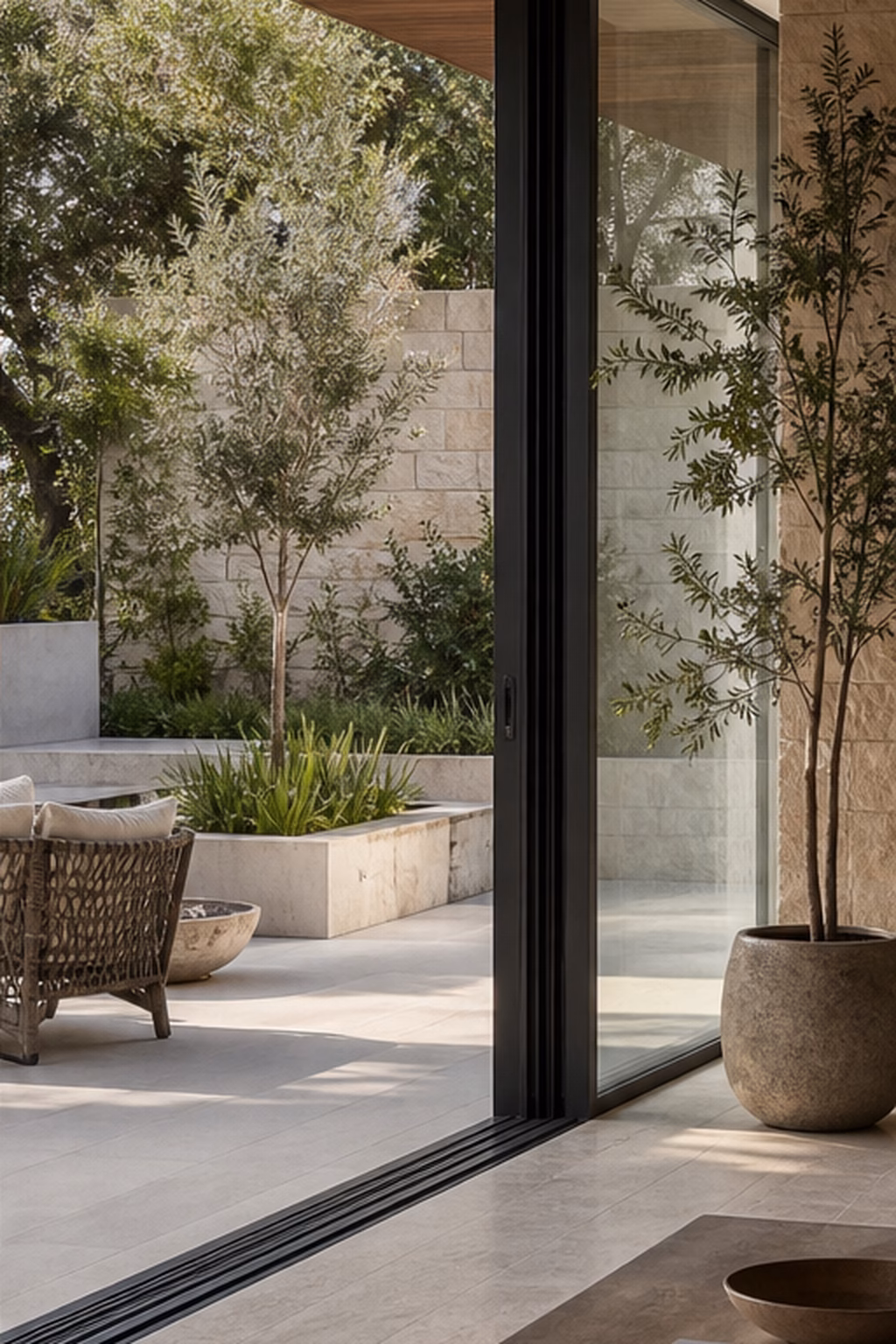 Modern interior connected to an outdoor terrace with repeated materials