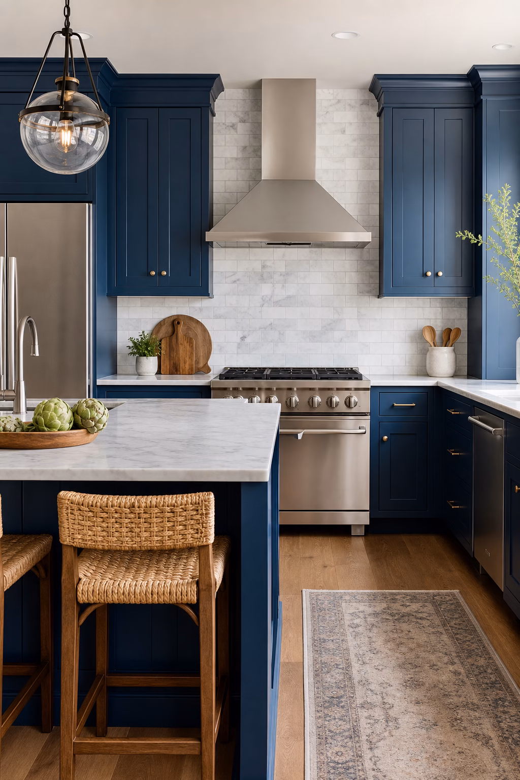 Modern blue kitchen with stainless details, wood flooring, and woven stools.
