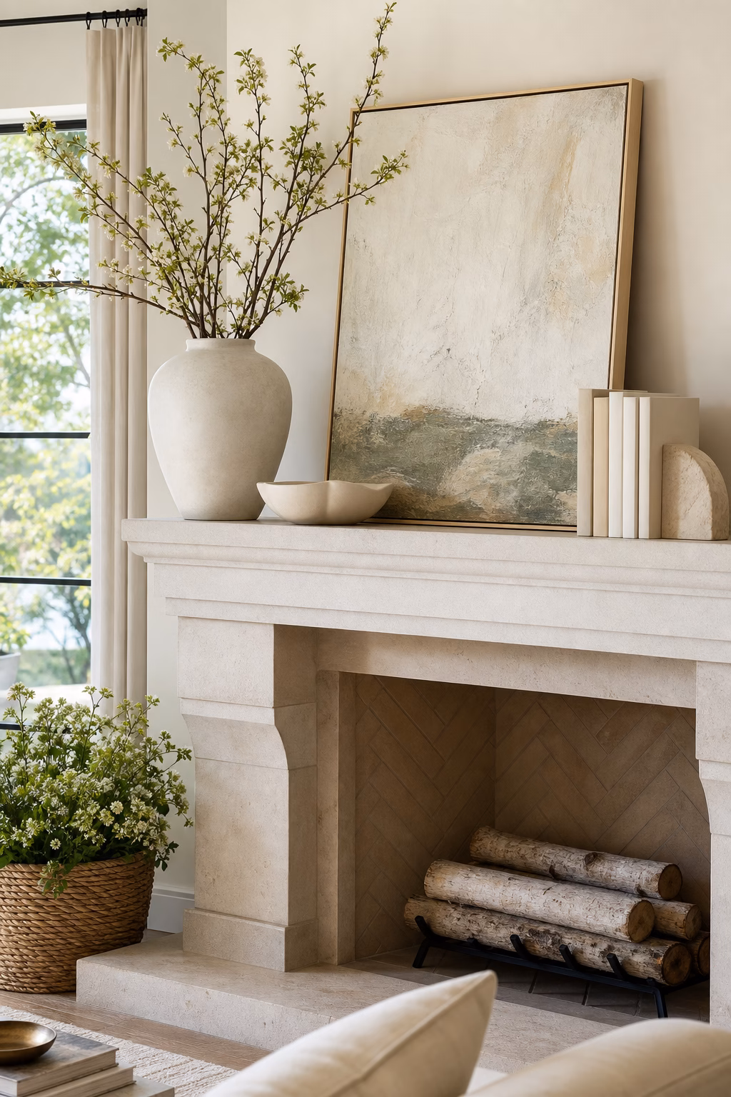 Spring mantel edited into a lighter composition with art and branches