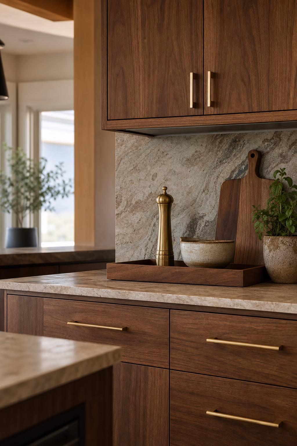 Kitchen counter decor repeating walnut brass and stone materials
