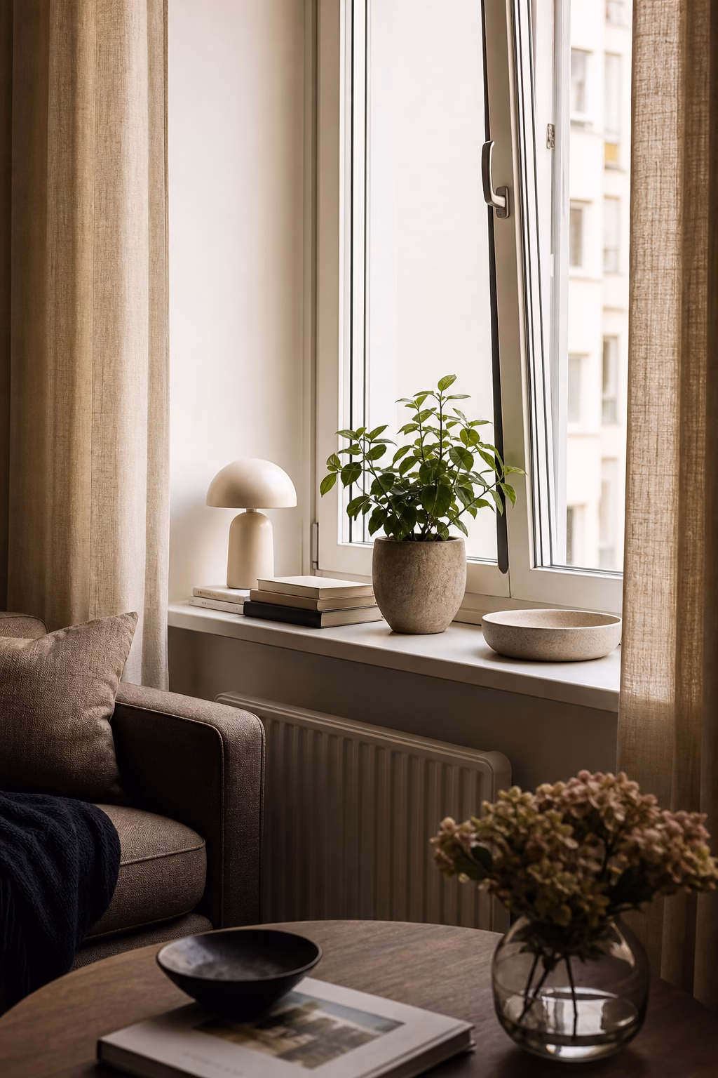 Apartment living room windowsill styled with lamp plant books and ceramic bowl