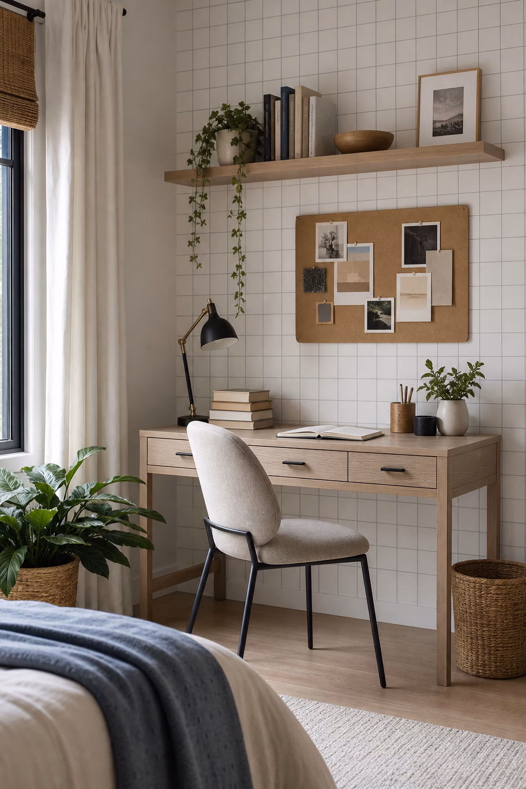Subtle grid decals defining a bedroom workspace wall