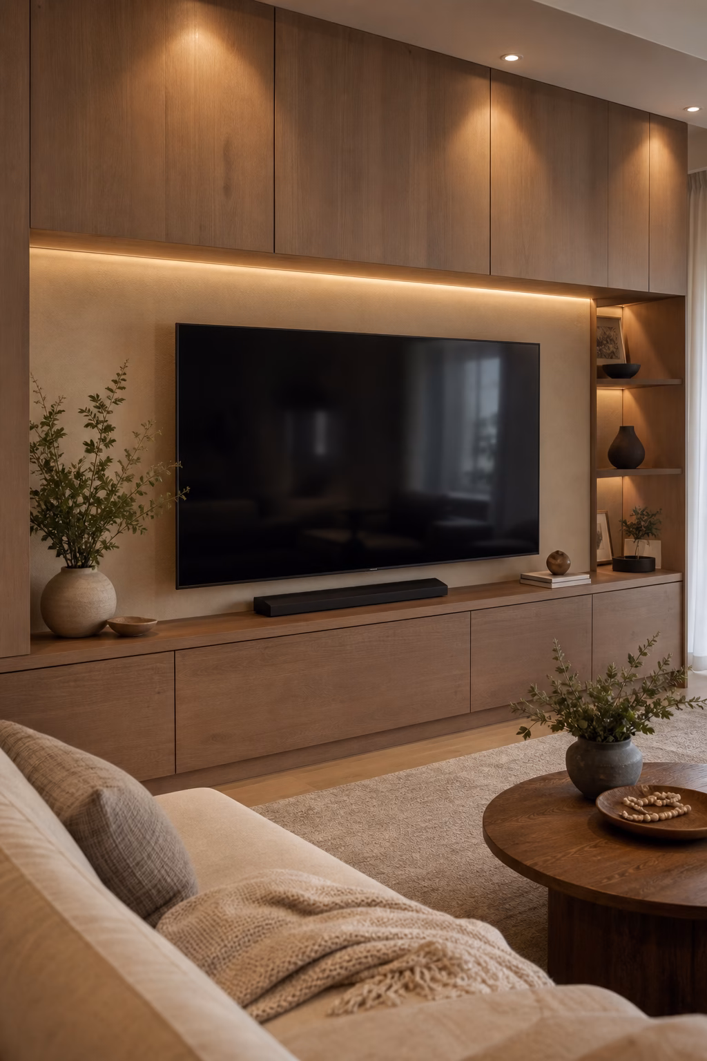 Cozy living room with a quiet television wall, built-in cabinetry, and closed media storage.