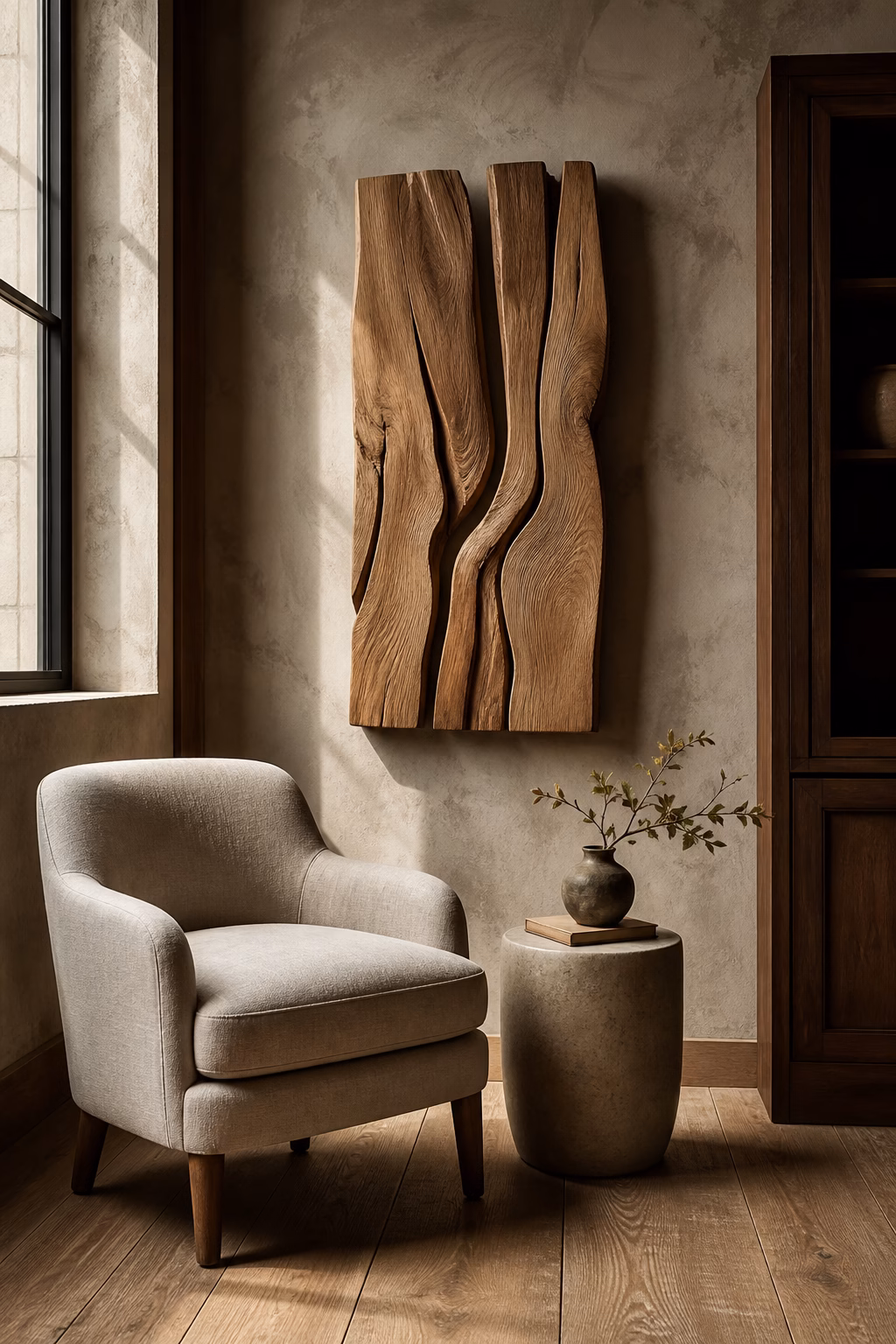 Sculptural wood art layered over a taupe limewash wall