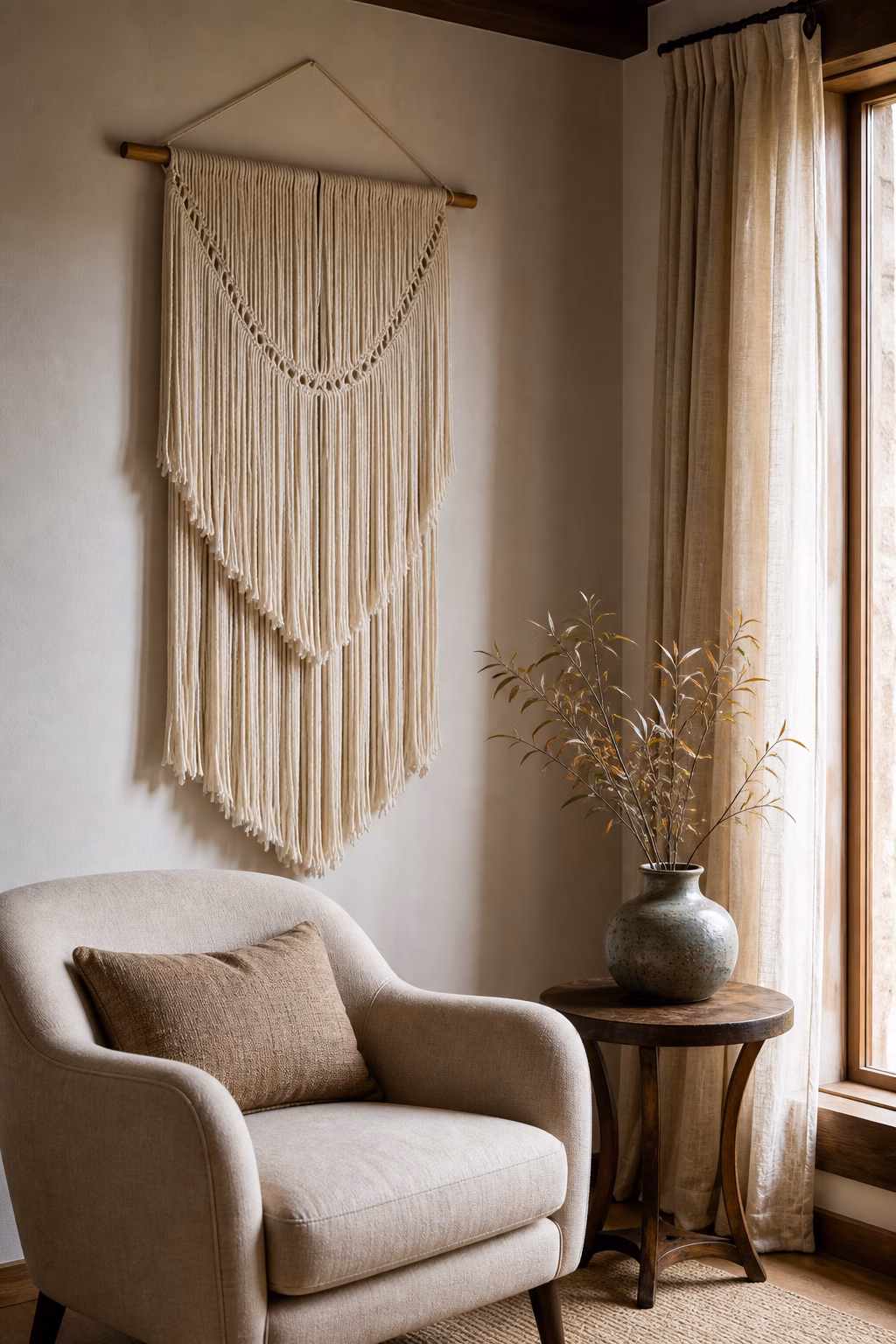 Fringed cotton wall hanging adding movement to a quiet lounge corner.
