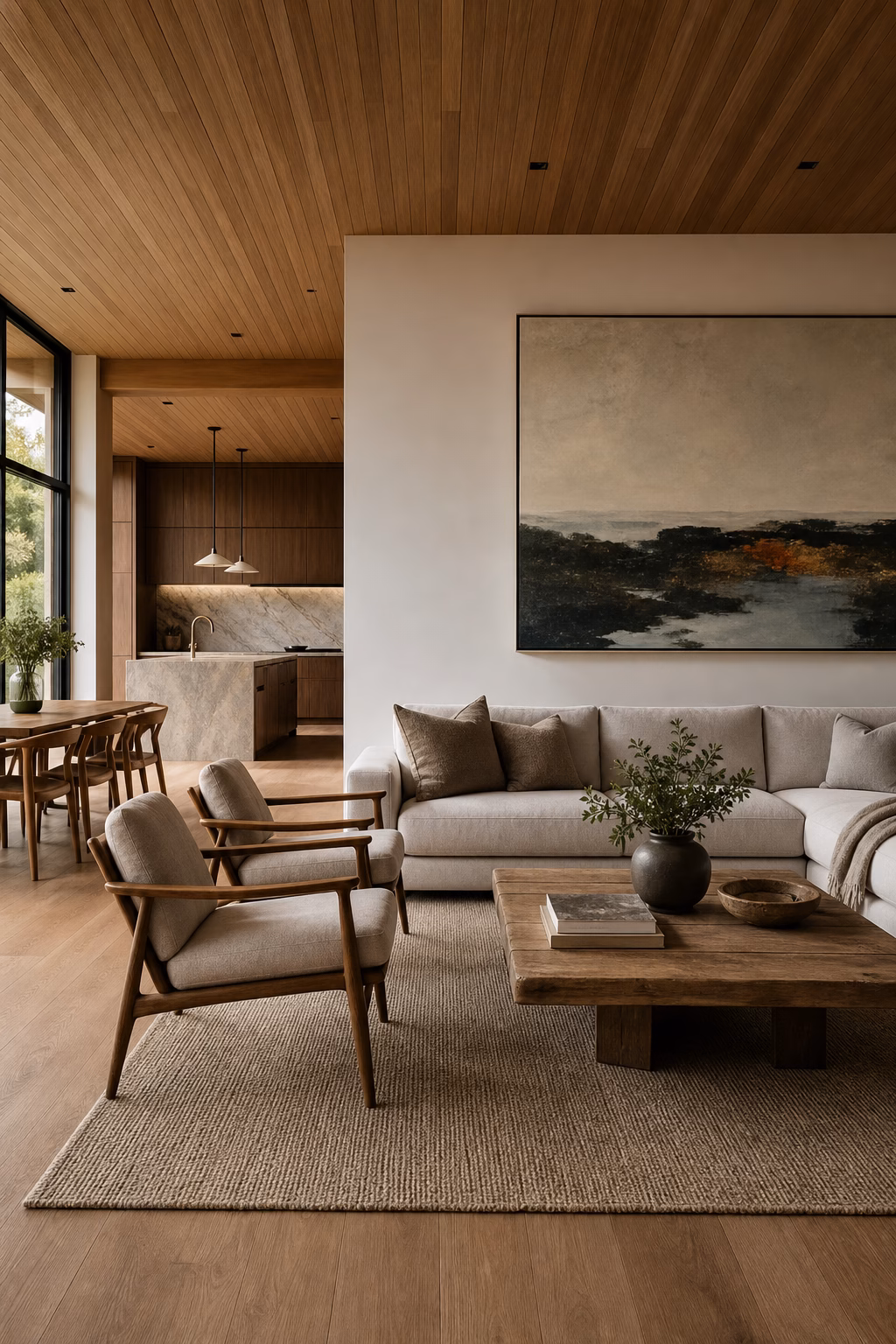 Living room artwork connecting an open-plan home palette