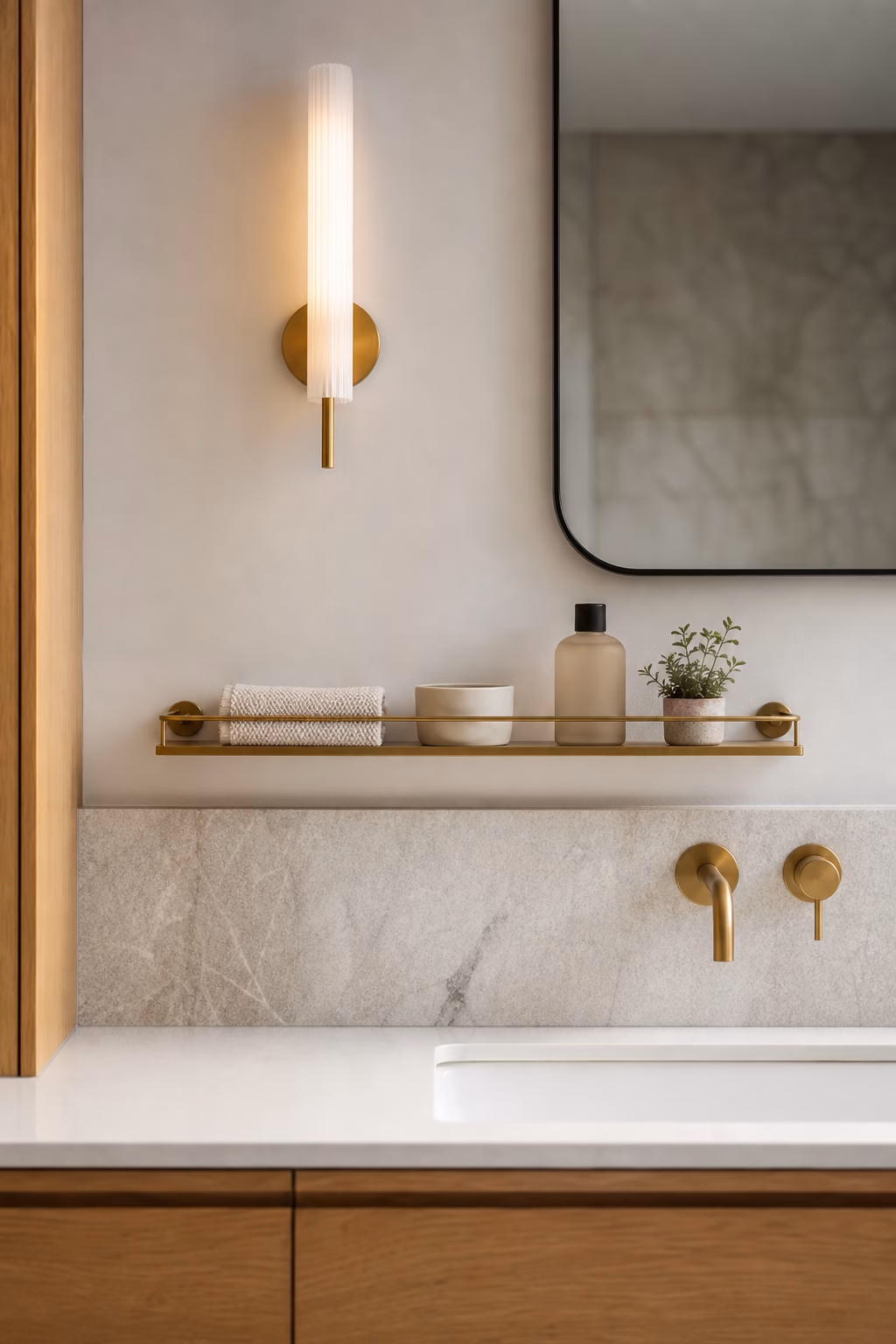 Brass shelf rail above bathroom vanity with washcloth cup bottle and tiny plant
