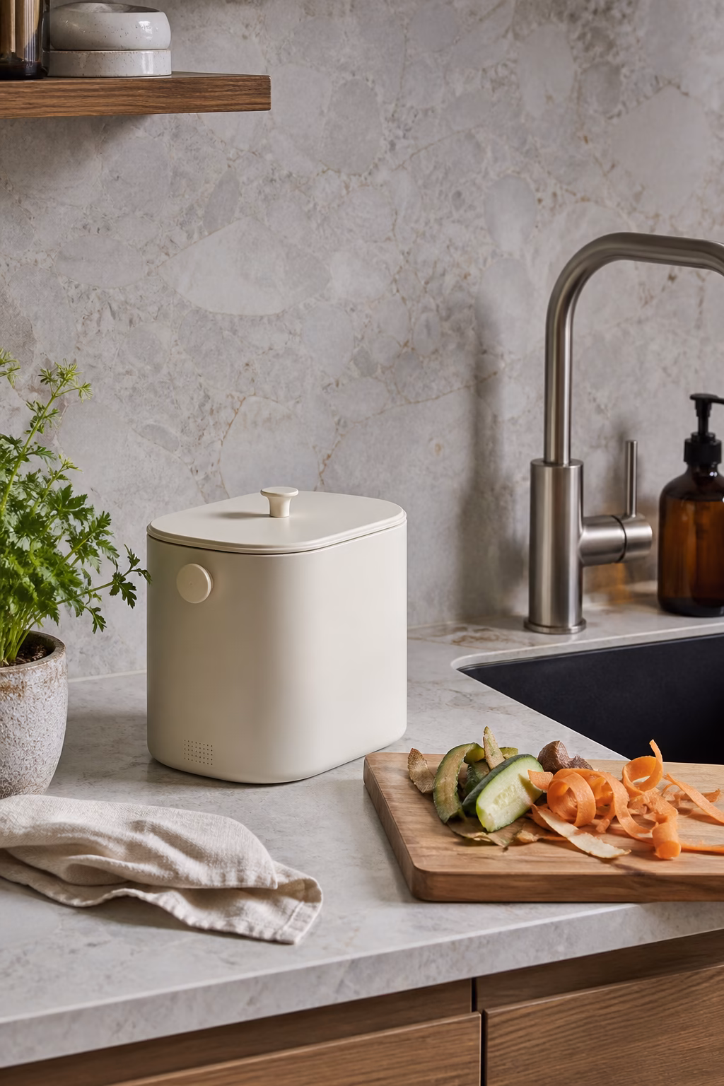 Compact cream countertop compost bin beside vegetable peels on a wood board
