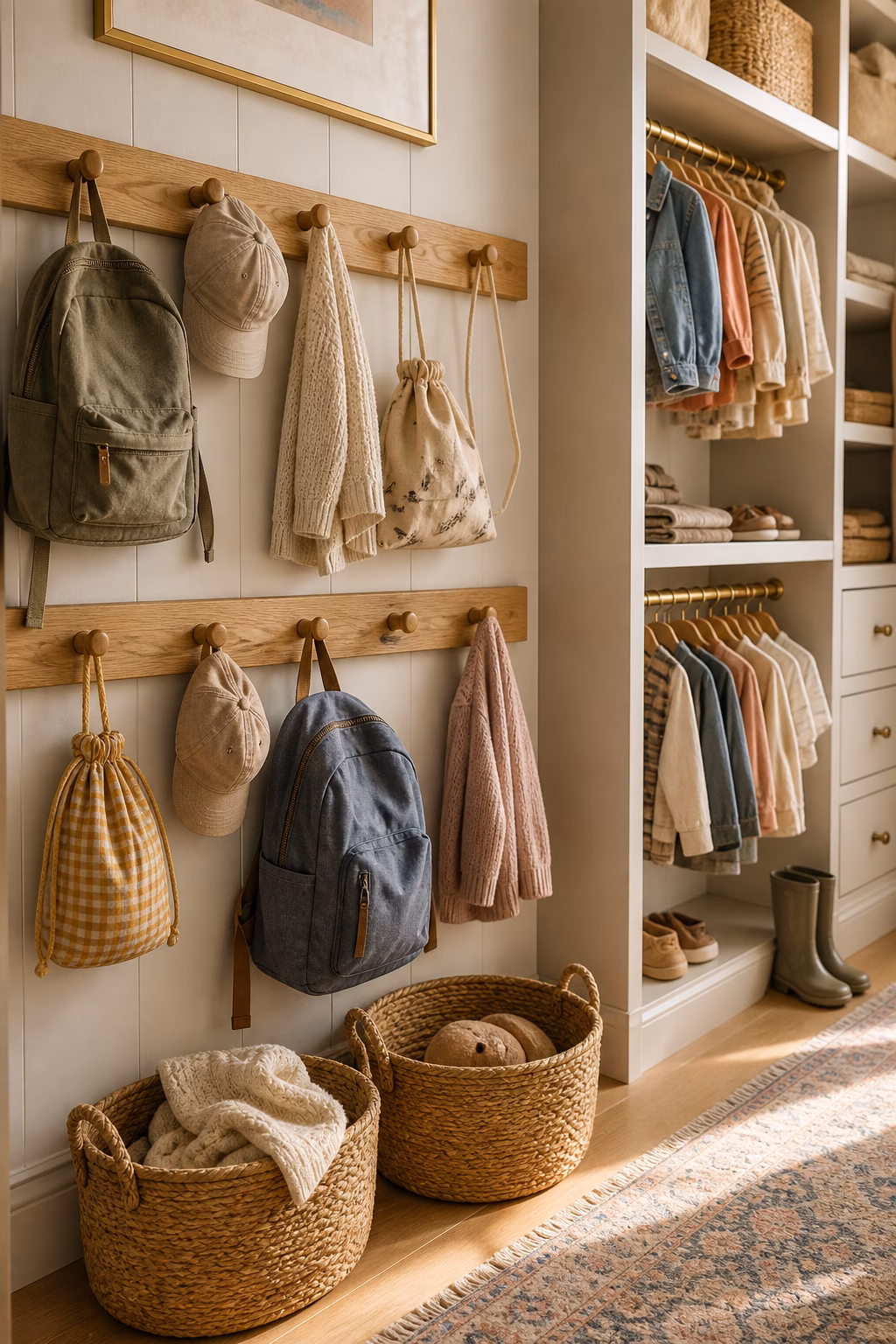 Kids closet with low peg rail, hooks, backpacks, hats, cardigans, baskets, and grab-and-go storage.
