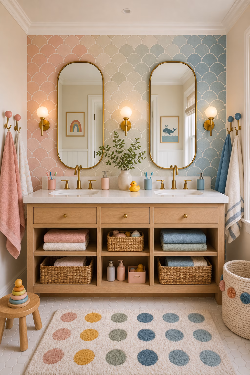 create separate zones for siblings shown in a polished kids bathroom with realistic materials and natural light.