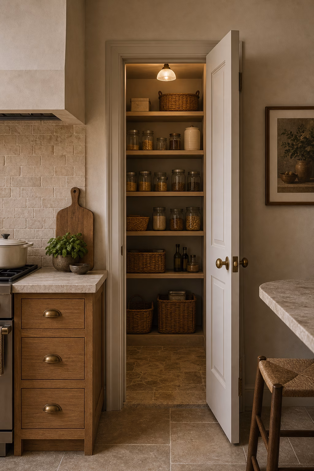 Open walk-in pantry with baskets and jars beside a refined kitchen