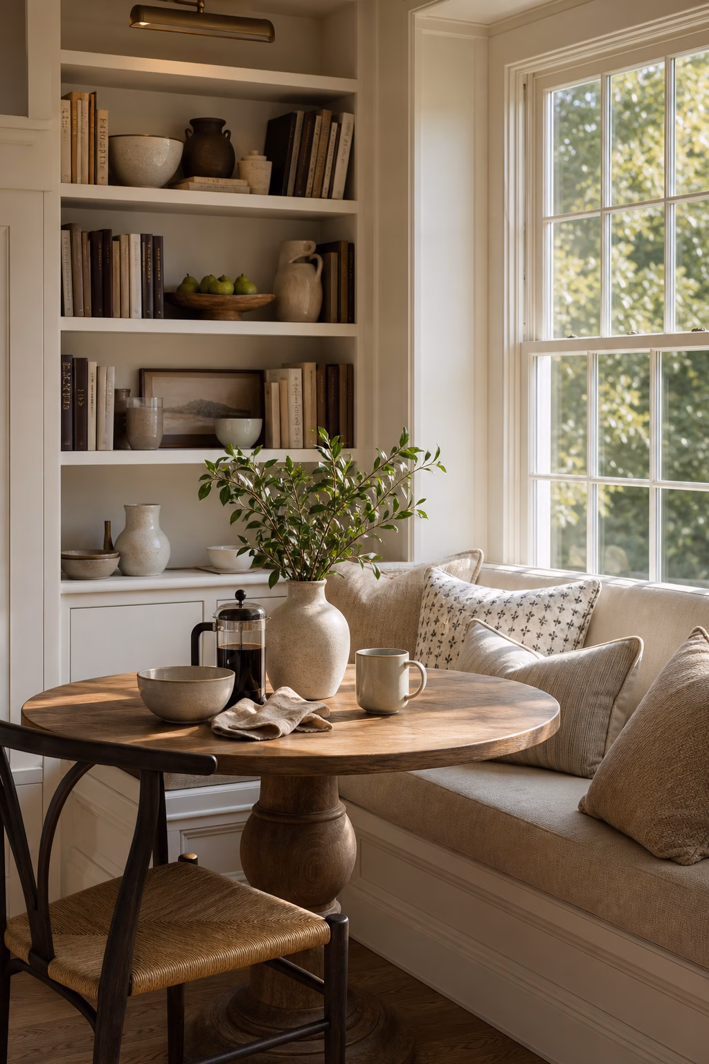 Breakfast nook with a small built-in bookcase for cookbooks and morning reading.