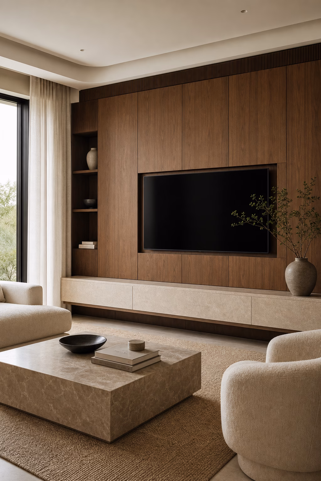 Integrated technology hidden within walnut panels in a sleek modern media room