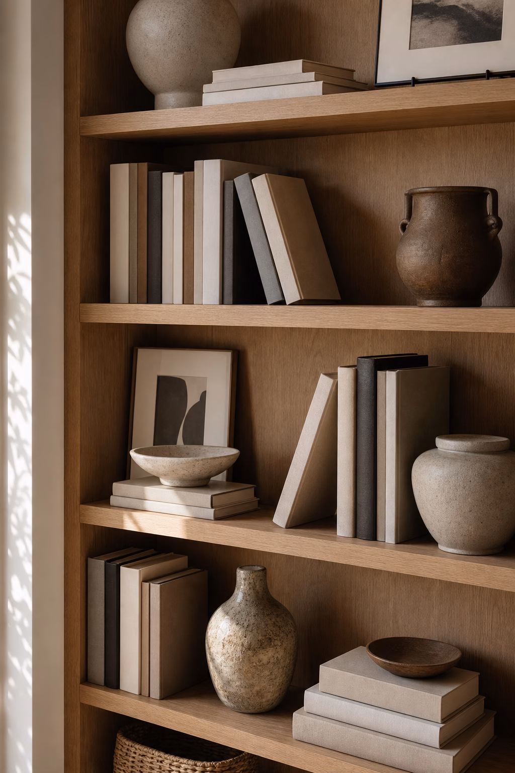A few angled books adding casual movement to refined shelf styling
