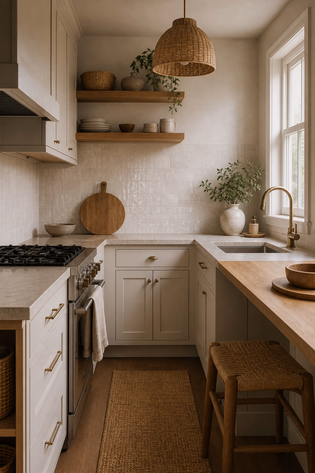finish with warm wood or woven texture shown in a polished small kitchen with realistic materials and natural light.