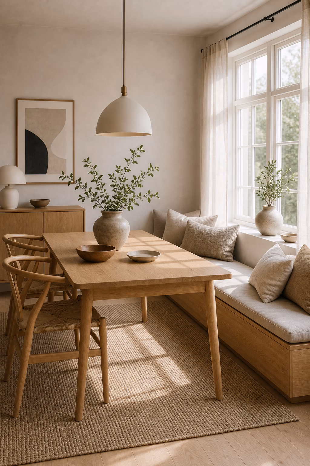 use bench seating by a window shown in a polished Scandinavian dining room with realistic materials and natural light.