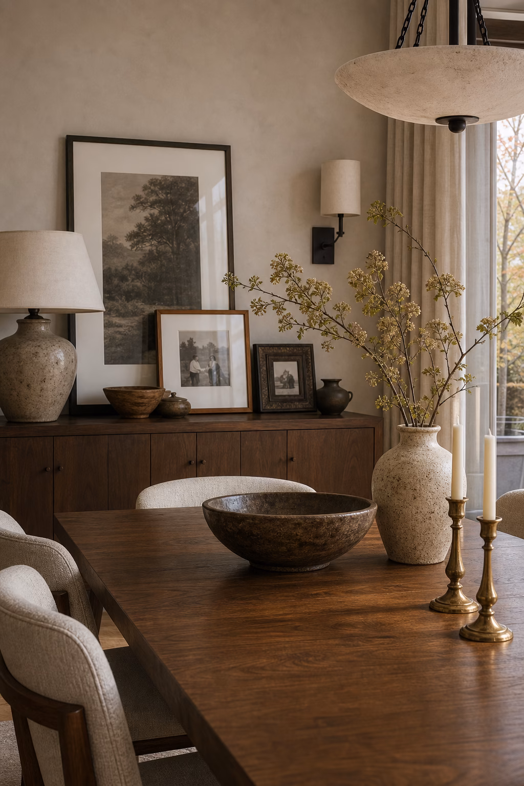 Personal ceramics and meaningful objects styled in a contemporary dining room.