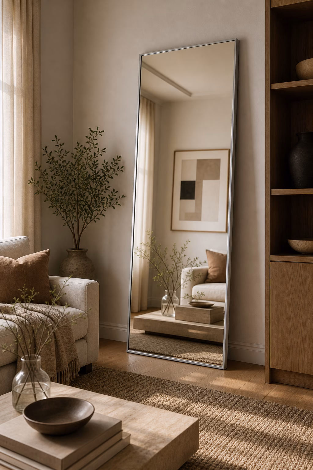 Tall mirror reflecting art and curtains instead of household clutter