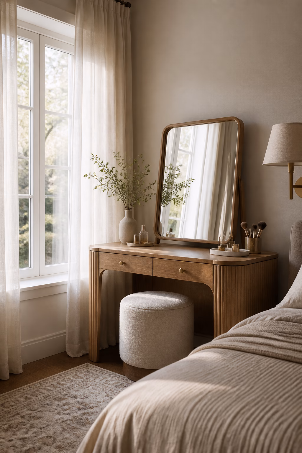 Dressing table placed near a window with soft natural light.