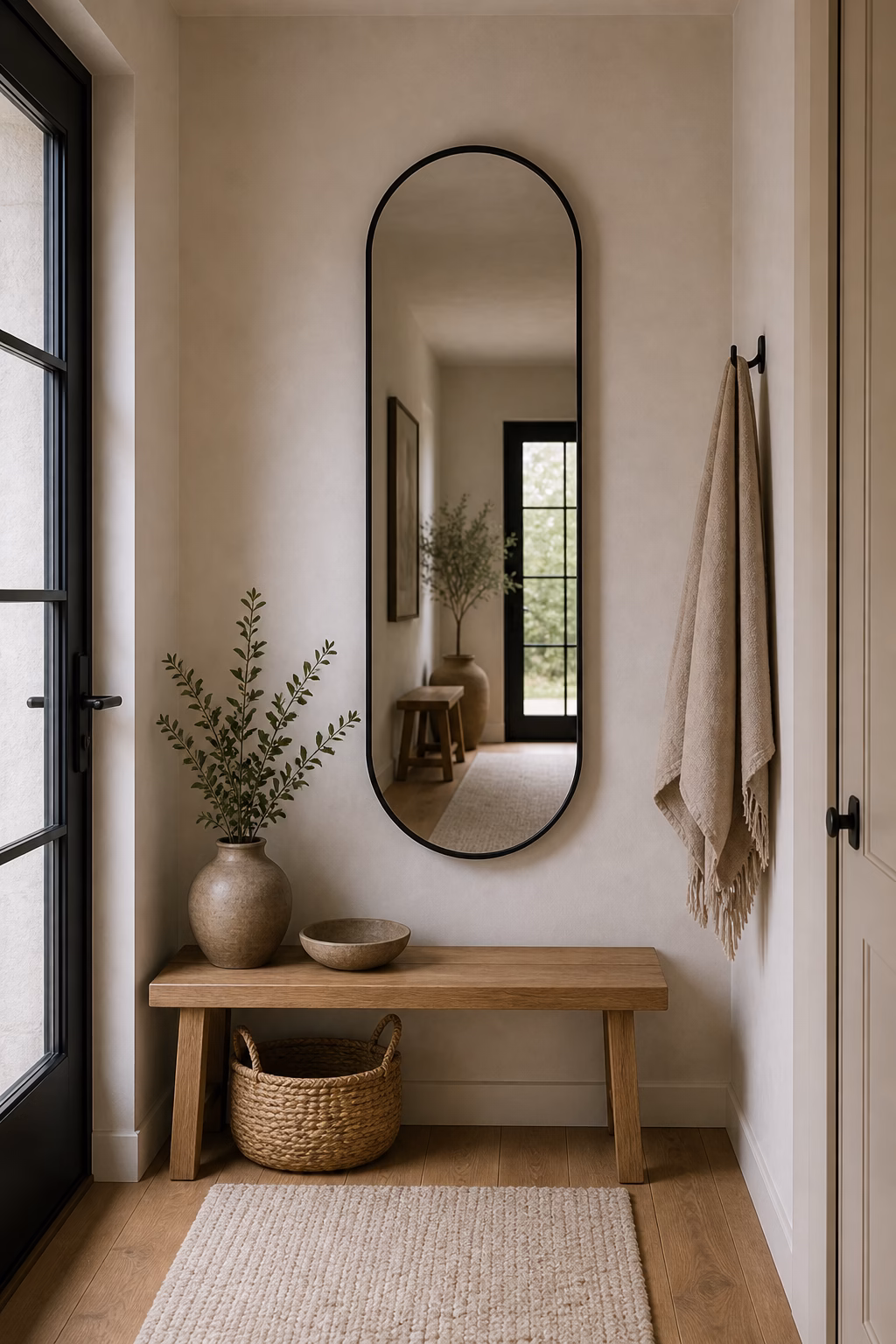 Tall capsule-shaped mirror softening a compact entry