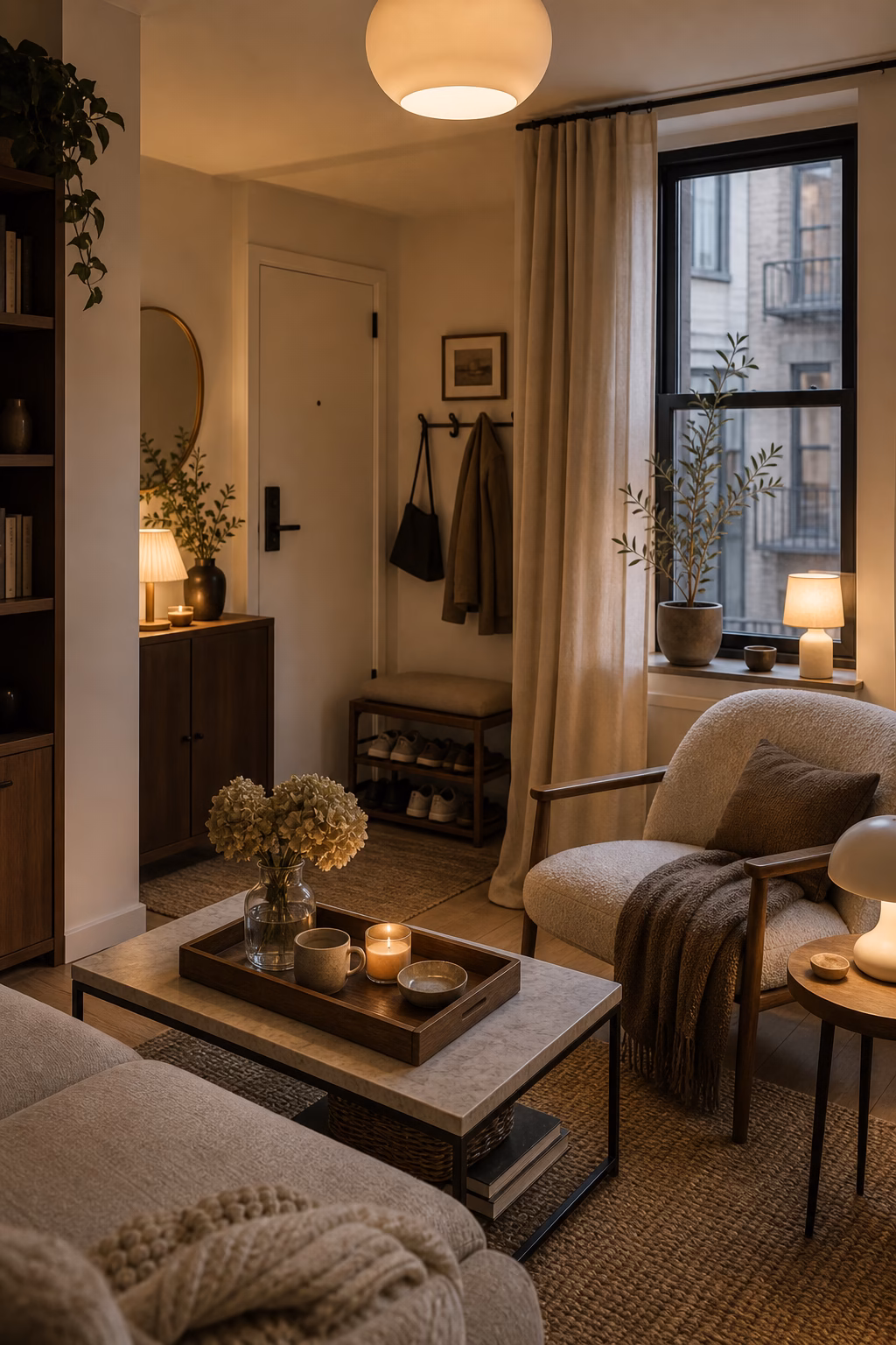 Cozy apartment arranged around reading coffee and evening lighting rituals