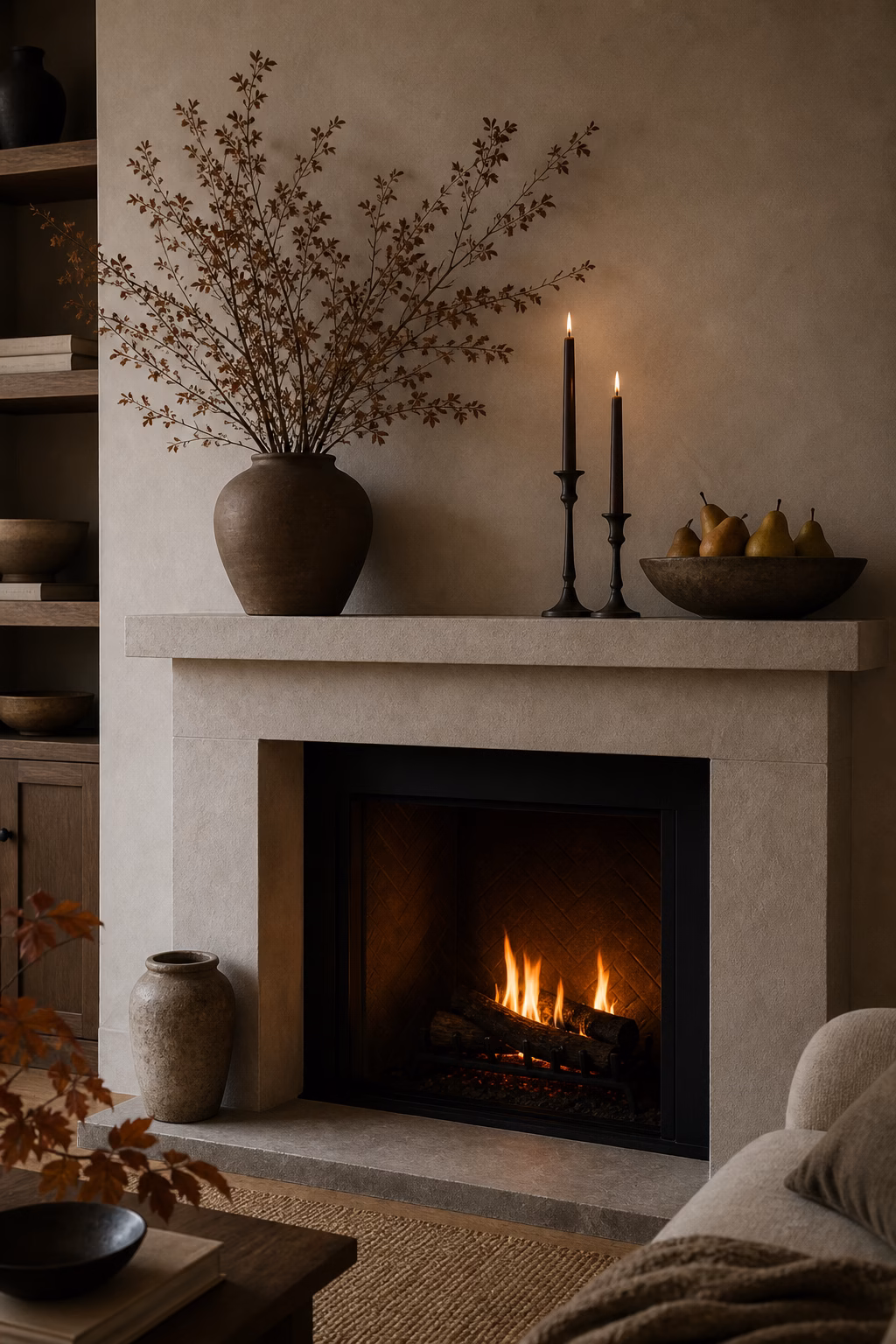 Quiet seasonal fireplace mantel decor with branches candles and pears