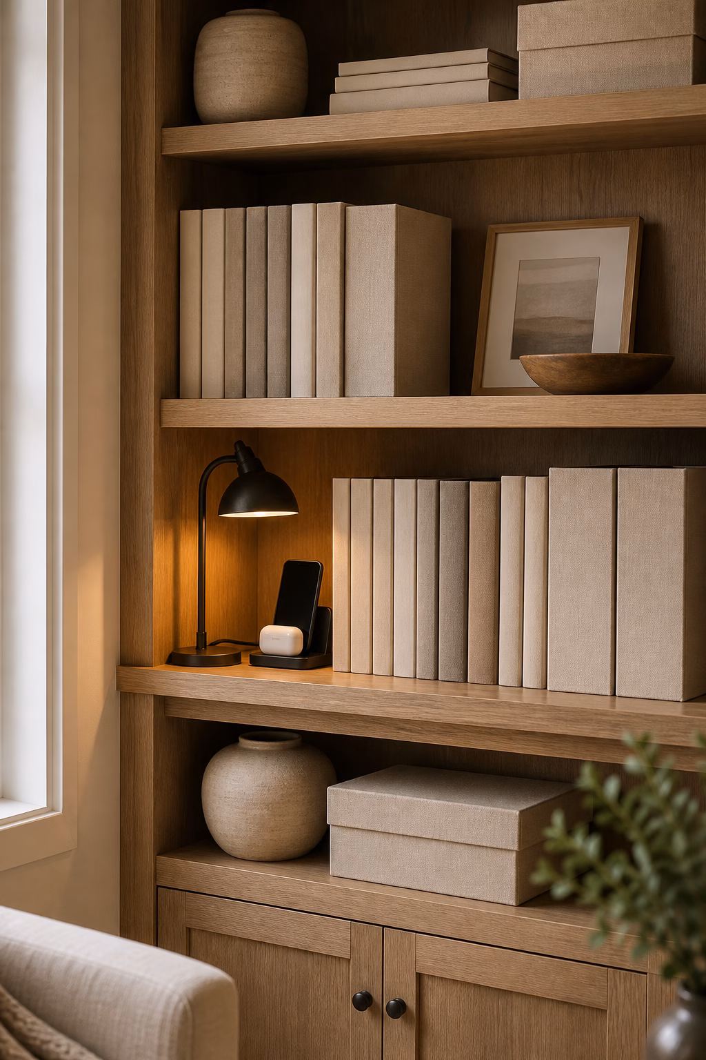 Bookshelf cords hidden behind books and linen storage boxes
