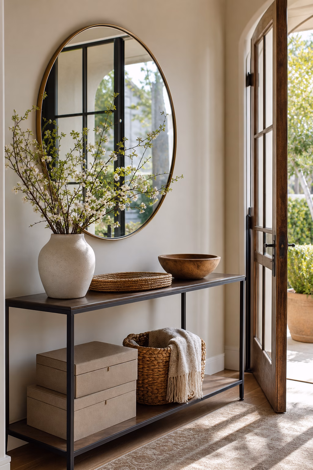 Round mirror moving spring light through a bright entry