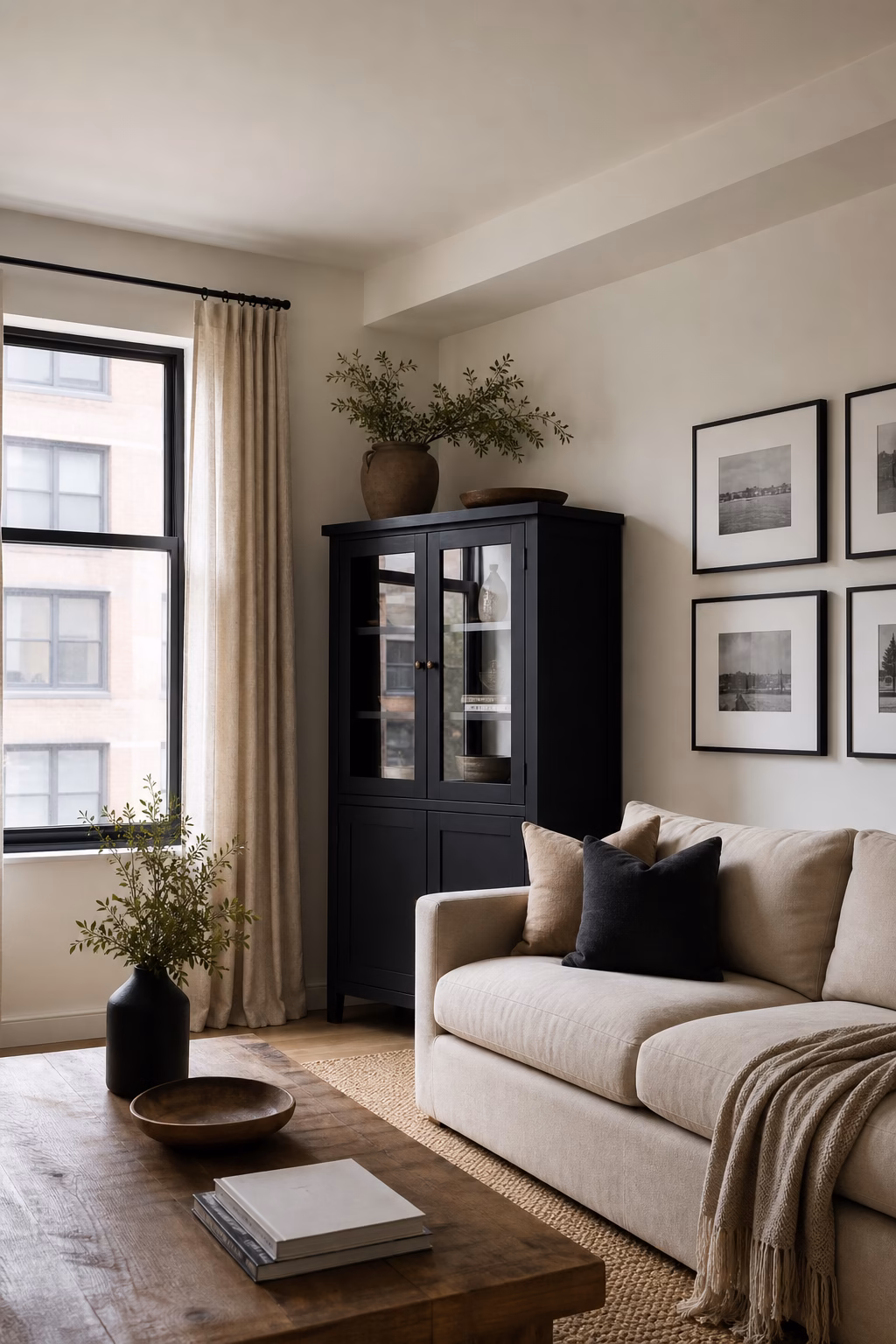 Apartment living room with one charcoal accent cabinet and warm neutrals