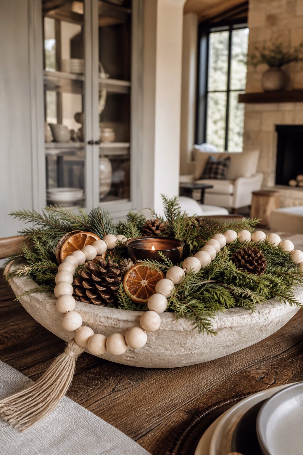 Wooden bead garland layered into a natural Christmas bowl centerpiece