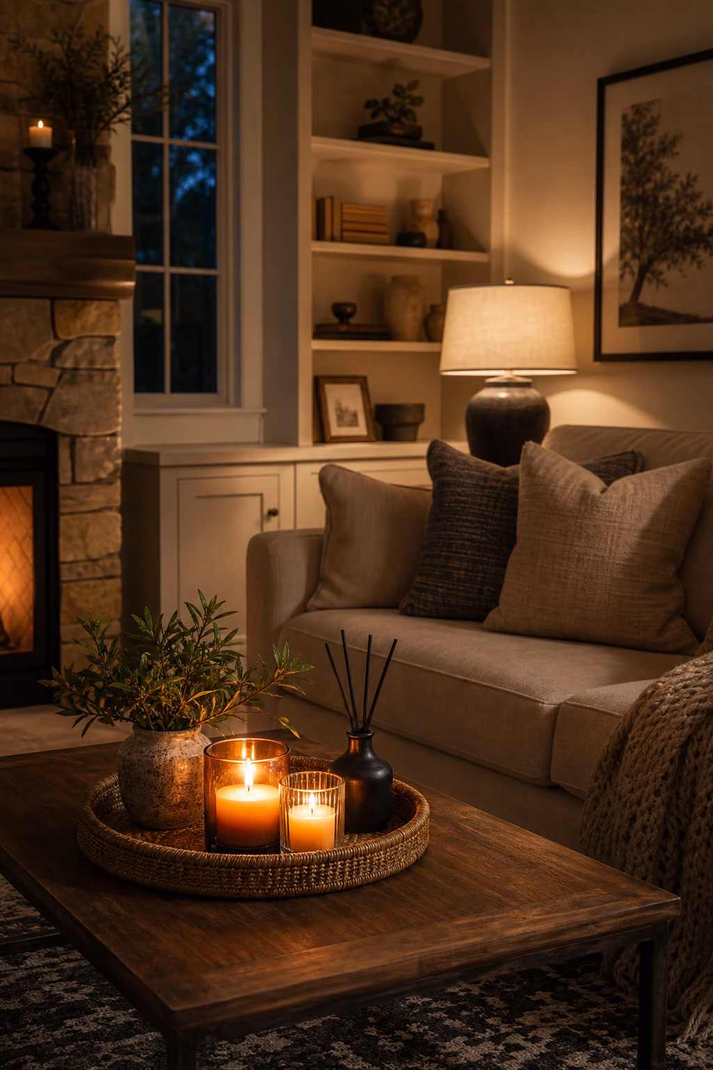 Cozy living room with candlelight, warm lamps, soft textiles, and safe evening styling.
