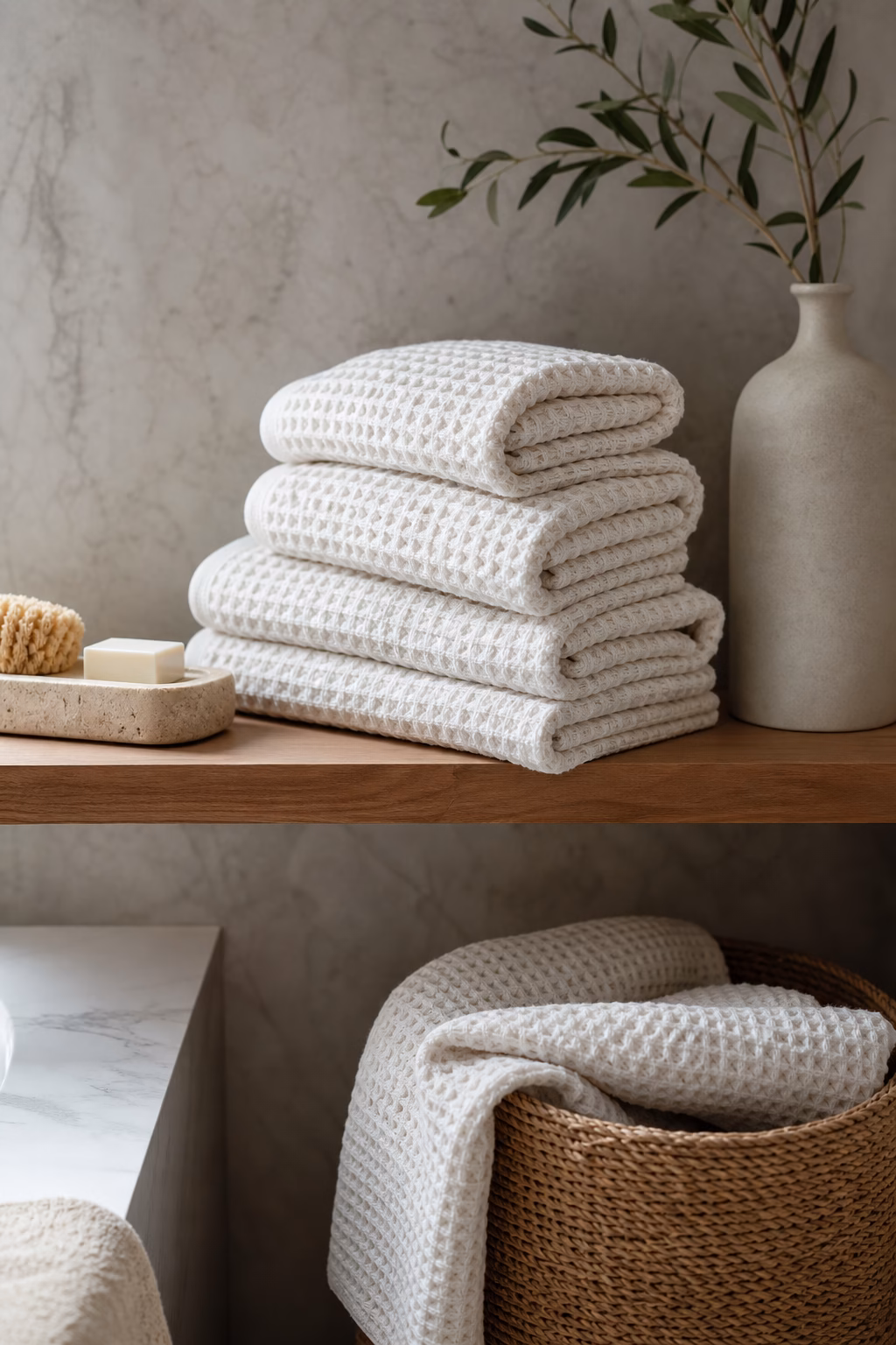 Cotton waffle bath towels folded neatly on a serene bathroom shelf.