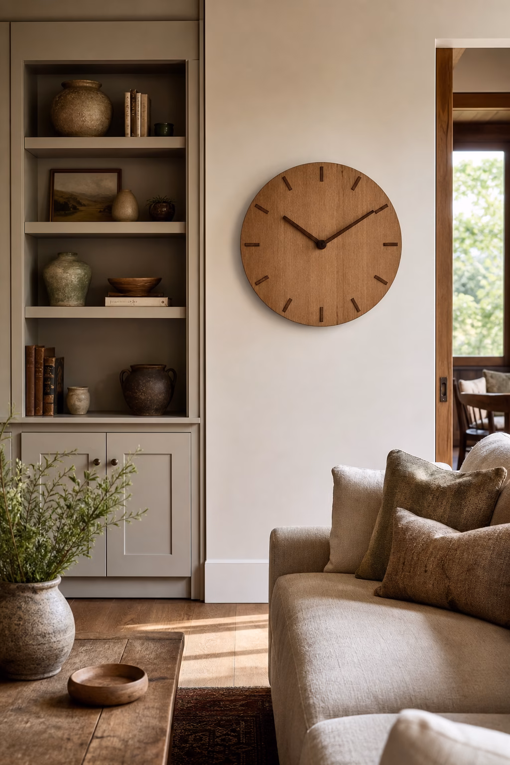Simple wooden wall clock adding rustic function to a family room