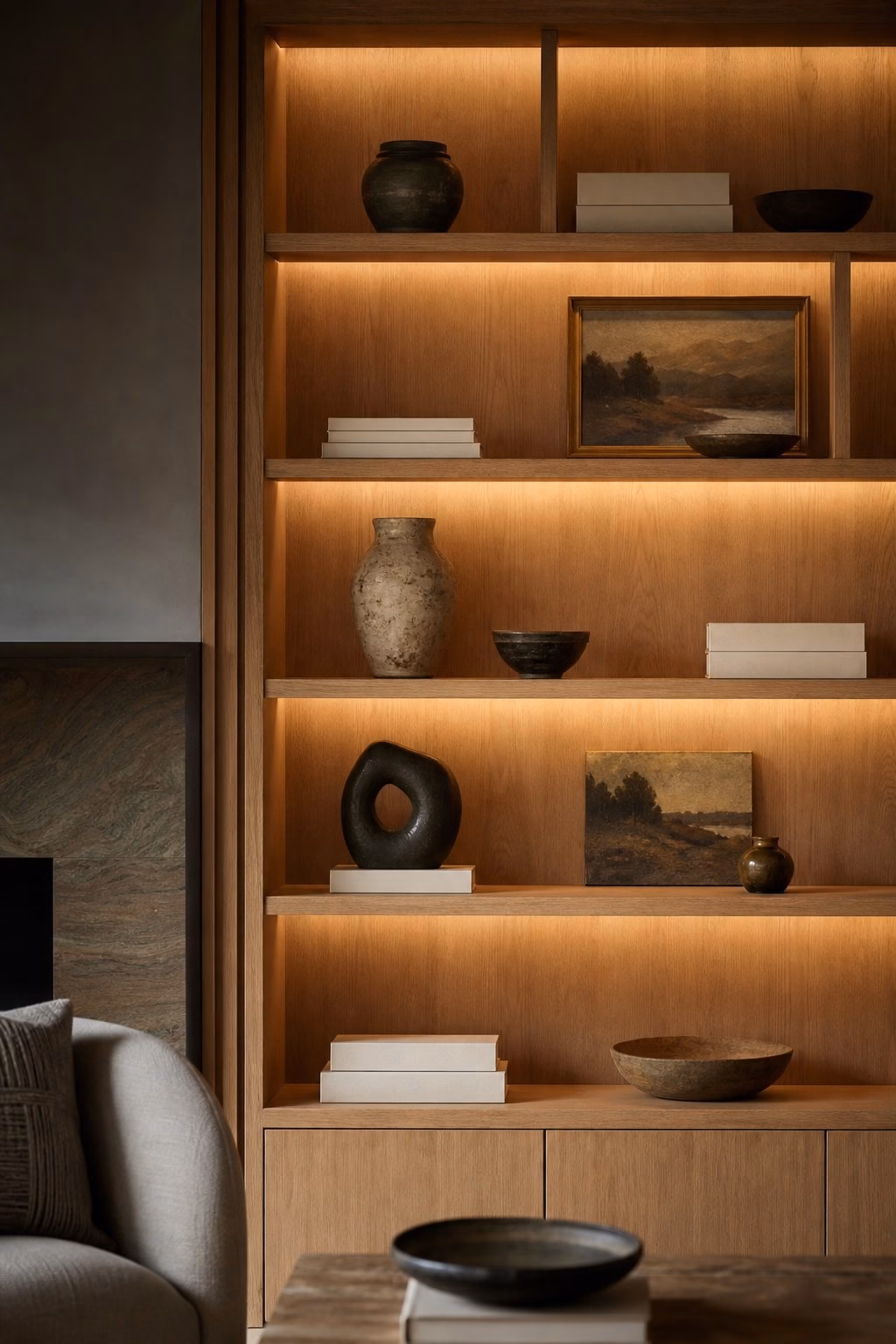 Edited personal collections elevating a warm shelving wall